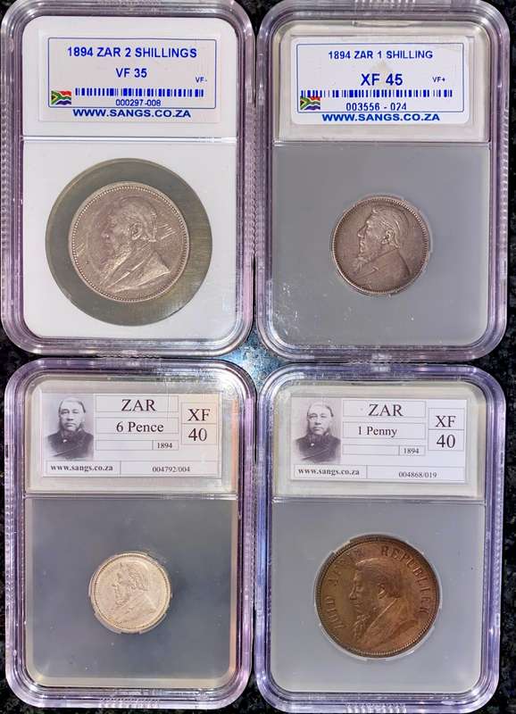 Z.A.R Graded Set 1894 - 2 shilling VF35 - 1 shilling XF45 - 6 pence XF40 & 1 penny XF40