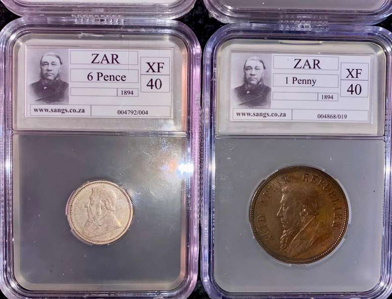 Z.A.R Graded Set 1894 - 2 shilling VF35 - 1 shilling XF45 - 6 pence XF40 & 1 penny XF40