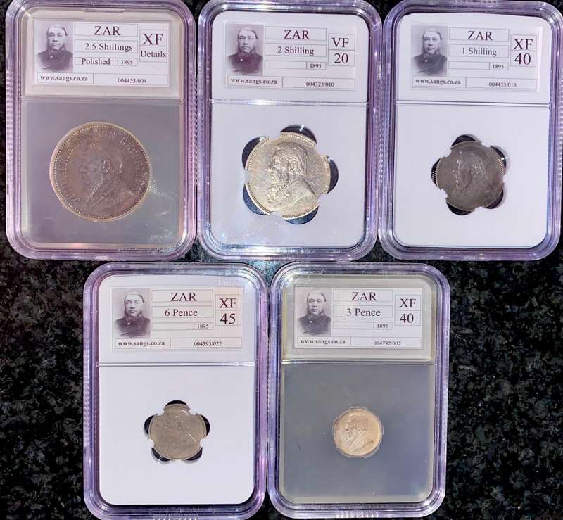 Z.A.R Graded 1895 - 2 1/2 shilling XF- 2 shilling VF20 - 1 shilling XF40 - 6pence XF45 & 3pence XF40