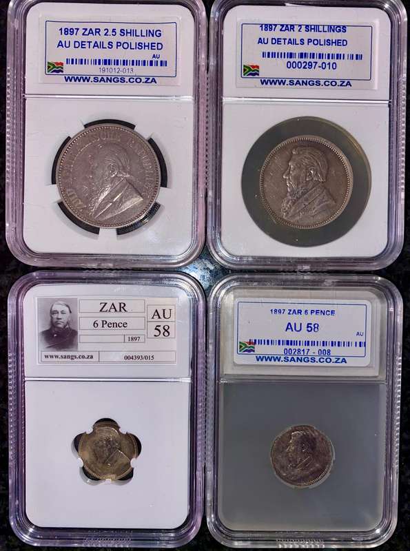 Z.A.R Graded 1897 - 2 1/2 shilling AU - 2 shilling AU - 6 pence AU58 & 6pence AU58 SANGS
