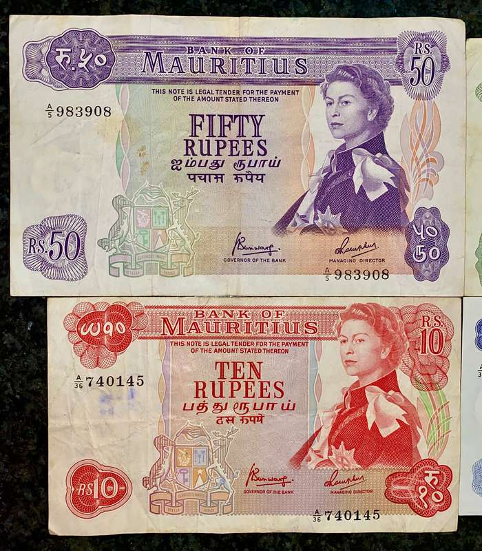 MAURITIUS SET 50 RUPEES TO 5 RUPEES 1967 QUEEN ELIZABETH II (1 BID TAKES ALL)