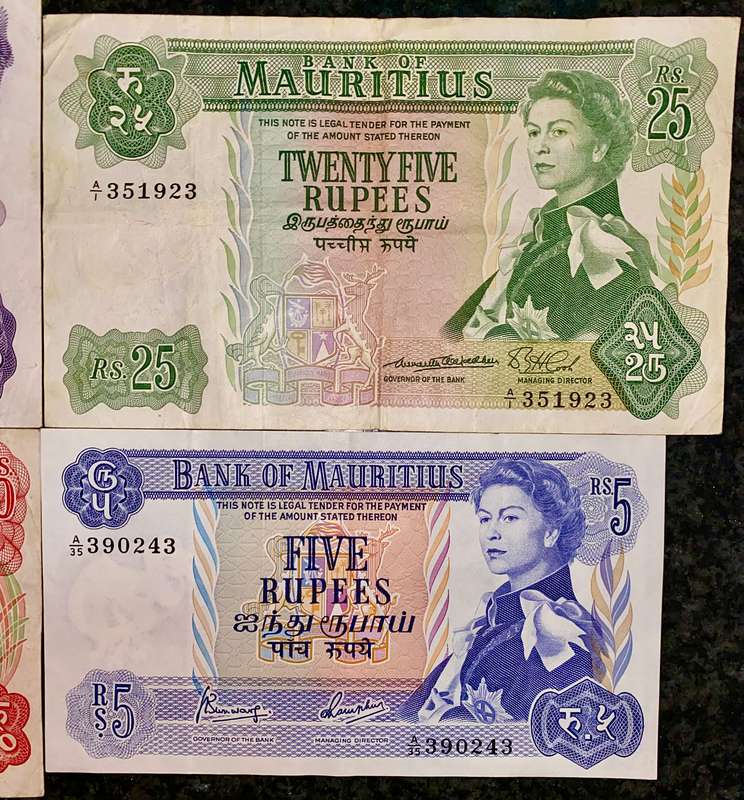 MAURITIUS SET 50 RUPEES TO 5 RUPEES 1967 QUEEN ELIZABETH II (1 BID TAKES ALL)
