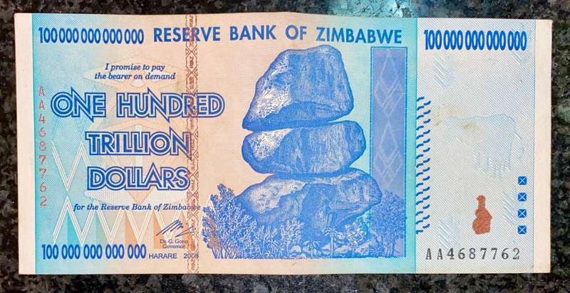 Zimbabwe 100 Trillion dollars AA4687762 -- 2008 Harare - 100% Authentic Banknote