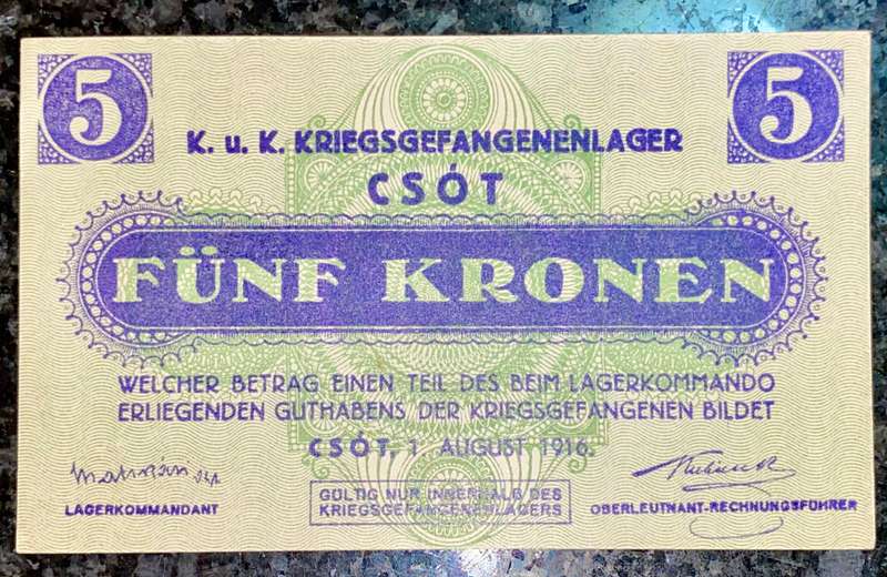 HUNGARY 5 KORONA 1916 - HADIFOGOLY CAMP IN CSOT - PRISONER OF WAR - UNC SCARCE