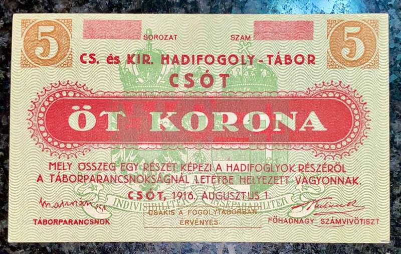 HUNGARY 5 KORONA 1916 - HADIFOGOLY CAMP IN CSOT - PRISONER OF WAR - UNC SCARCE