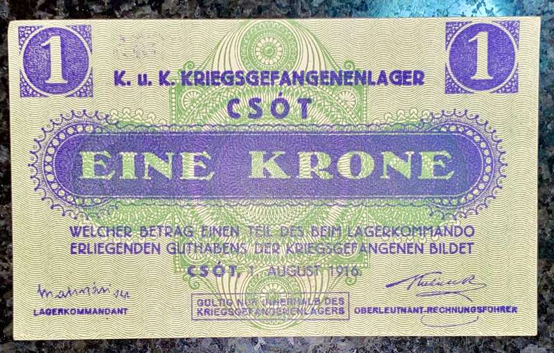 HUNGARY 1 KORONA 1916 - HADIFOGOLY CAMP IN CSOT - PRISONER OF WAR POW UNC SCARCE