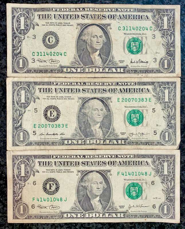 USA 1 dollar set 3 different signatures & Federal Reserve's 2001-2013 (1 bid takes all)