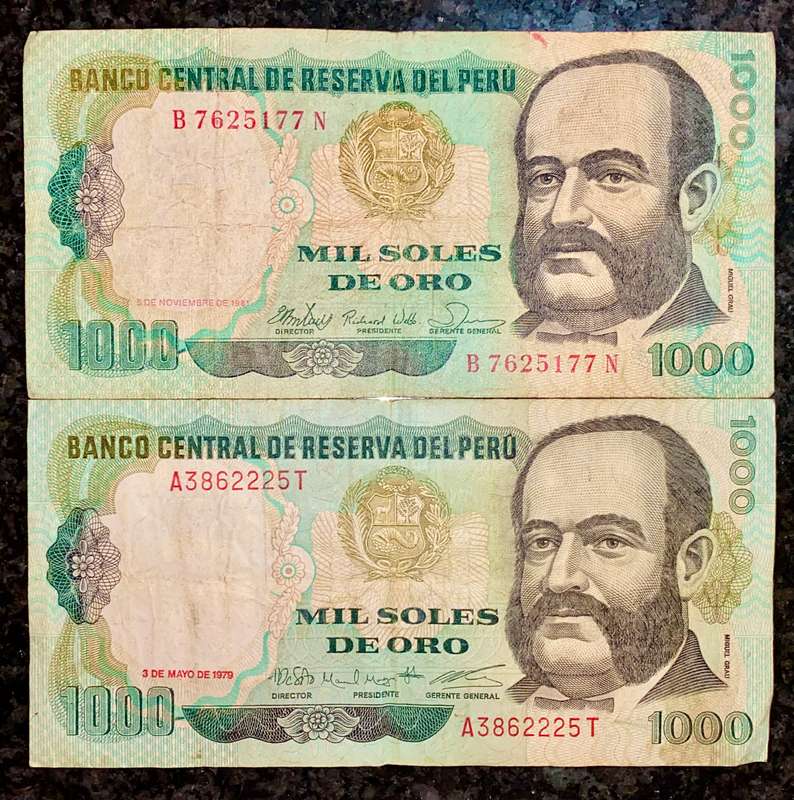 PERU 1000 SOLES 1971 & 1981 TWO DIFFERENT SIGNATURES (1 BID TAKES ALL)