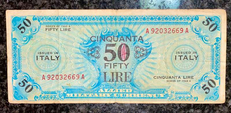 ITALY 50 LIRE 1943 WW2 MILITARY OCCUPATION