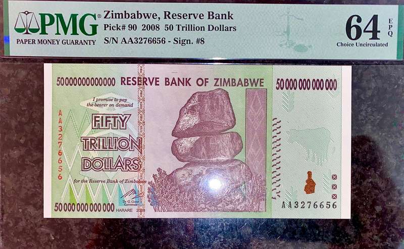 ZIMBABWE FULL SET PMG GRADED GEM UNC 65-64 EPQ TRILLION DOLLARS 100 TRIL TO 10 TRIL -LOW NO 20 TRIL