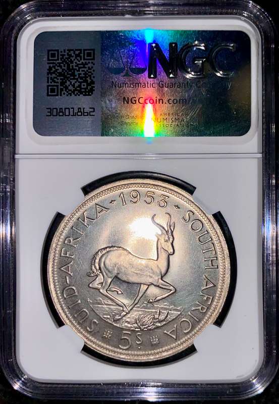 S A UNION GRADED SILVER 5 SHILLINGS 1953 GRADED PL62 NGC
