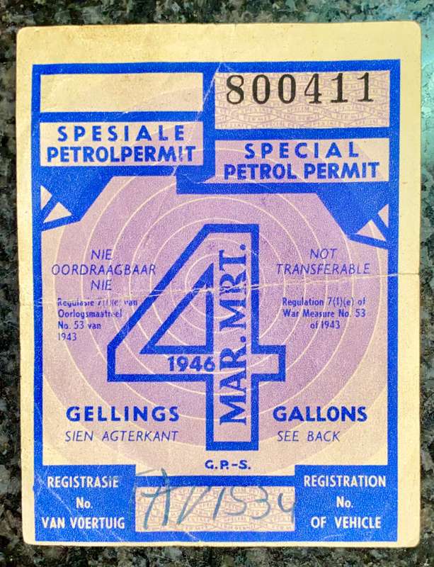 SOUTH AFRICA PETROL RATION COUPON 4 GALLON 1943 WW2