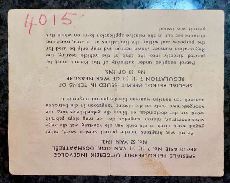 SOUTH AFRICA PETROL RATION COUPON 4 GALLON 1943 WW2