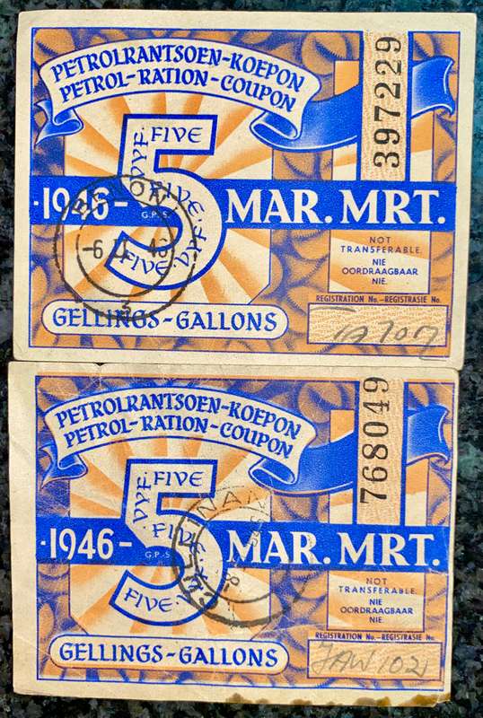 SOUTH AFRICA PETROL RATION COUPON 5 GALLON 1946(1 BID TAKES ALL)