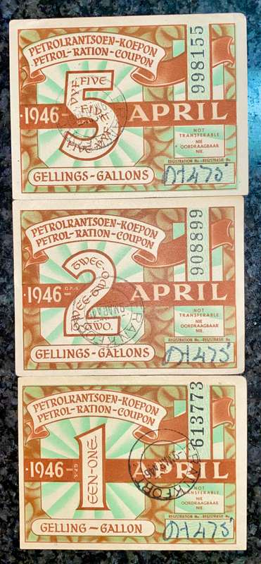 SOUTH AFRICA PETROL RATION COUPONS SET 5 GALLONS - 2 GALLONS & 1 GALLON APRIL 1946 (1 BID TAKES ALL)