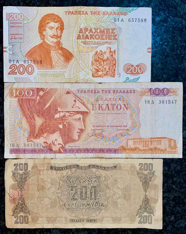 GREECE SET 200 DRACHMA X2 & 100 DRACHMA 1978(1 BID TAKE ALL)