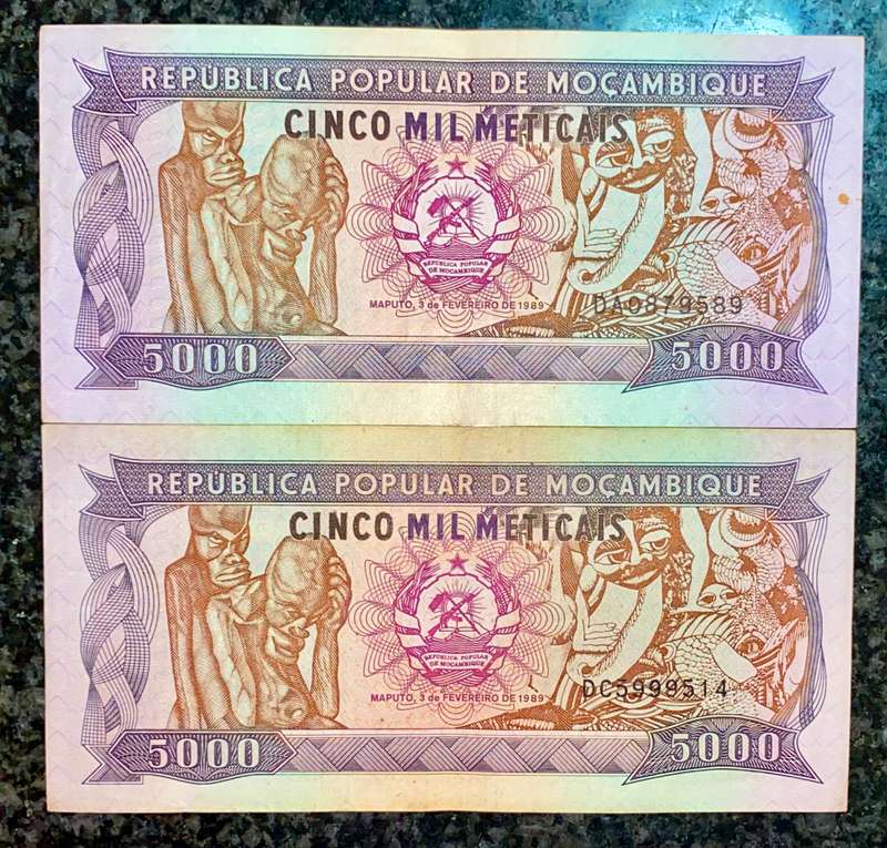 MOZAMBIQUE SET 5000 METICAIS 1989 TWO DIFFERENT SIGNATURES (1 BID TAKES ALL)
