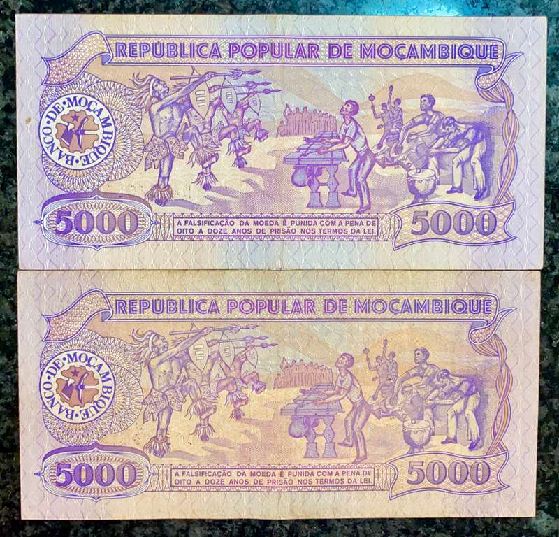 MOZAMBIQUE SET 5000 METICAIS 1989 TWO DIFFERENT SIGNATURES (1 BID TAKES ALL)