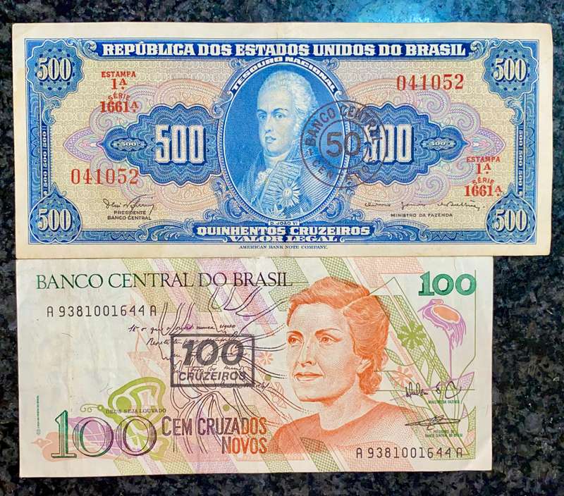 BRASIL SET 500 CRUZEIROS STAMPED 50 CENTAVOS & 100 CRUZADOS STAMPED 100 CRUZEIROS (1 BID TAKES ALL)