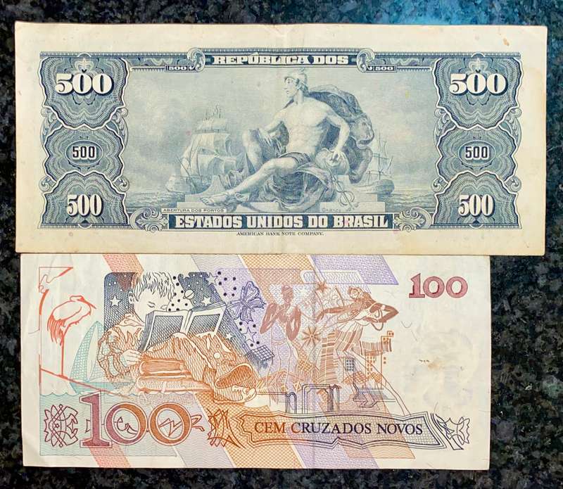 BRASIL SET 500 CRUZEIROS STAMPED 50 CENTAVOS & 100 CRUZADOS STAMPED 100 CRUZEIROS (1 BID TAKES ALL)