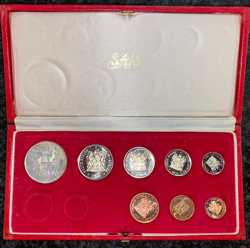 SOUTH AFRICA PROOF SET SILVER R1 TO 1/2 CENT -- 1971 -- IN RED SA MINT BOX