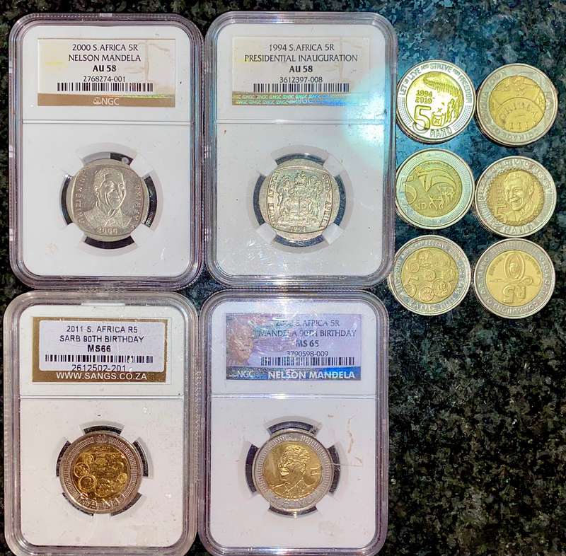 COMPLETE SET COMMEMORATIVE R5 COINS 1994 TO 2021--4 GRADED COIN MS66-AU58 GOOD COND CIRCULATED COINS