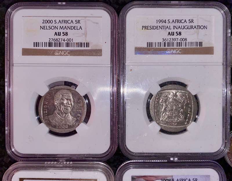COMPLETE SET COMMEMORATIVE R5 COINS 1994 TO 2021--4 GRADED COIN MS66-AU58 GOOD COND CIRCULATED COINS