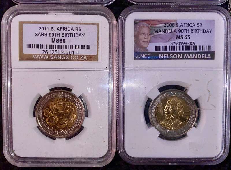 COMPLETE SET COMMEMORATIVE R5 COINS 1994 TO 2021--4 GRADED COIN MS66-AU58 GOOD COND CIRCULATED COINS