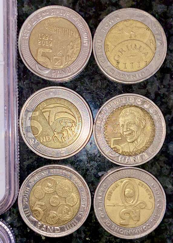 COMPLETE SET COMMEMORATIVE R5 COINS 1994 TO 2021--4 GRADED COIN MS66-AU58 GOOD COND CIRCULATED COINS