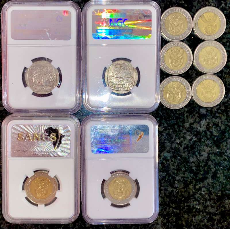 COMPLETE SET COMMEMORATIVE R5 COINS 1994 TO 2021--4 GRADED COIN MS66-AU58 GOOD COND CIRCULATED COINS
