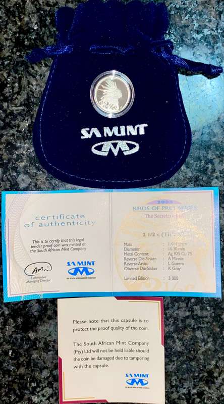 S A MINT SILVER PROOF 2 1/2 C TICKEY - SECRETARY BIRD - BIRDS OF PRAY 2006 - IN SA MINT POUCH