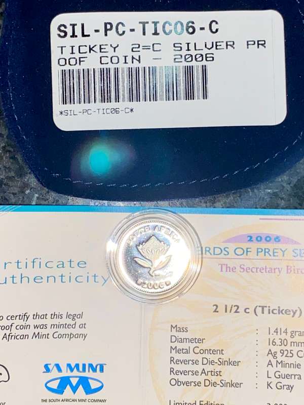S A MINT SILVER PROOF 2 1/2 C TICKEY - SECRETARY BIRD - BIRDS OF PRAY 2006 - IN SA MINT POUCH