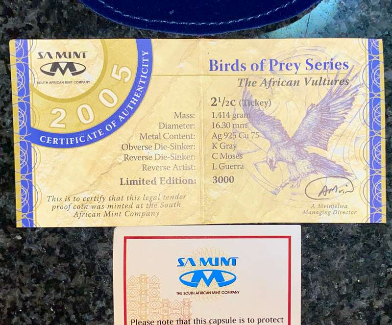 S A MINT SILVER PROOF 2 1/2 C TICKEY - AFRICAN VULTURE - BIRDS OF PRAY 2005 - IN SA MINT POUCH