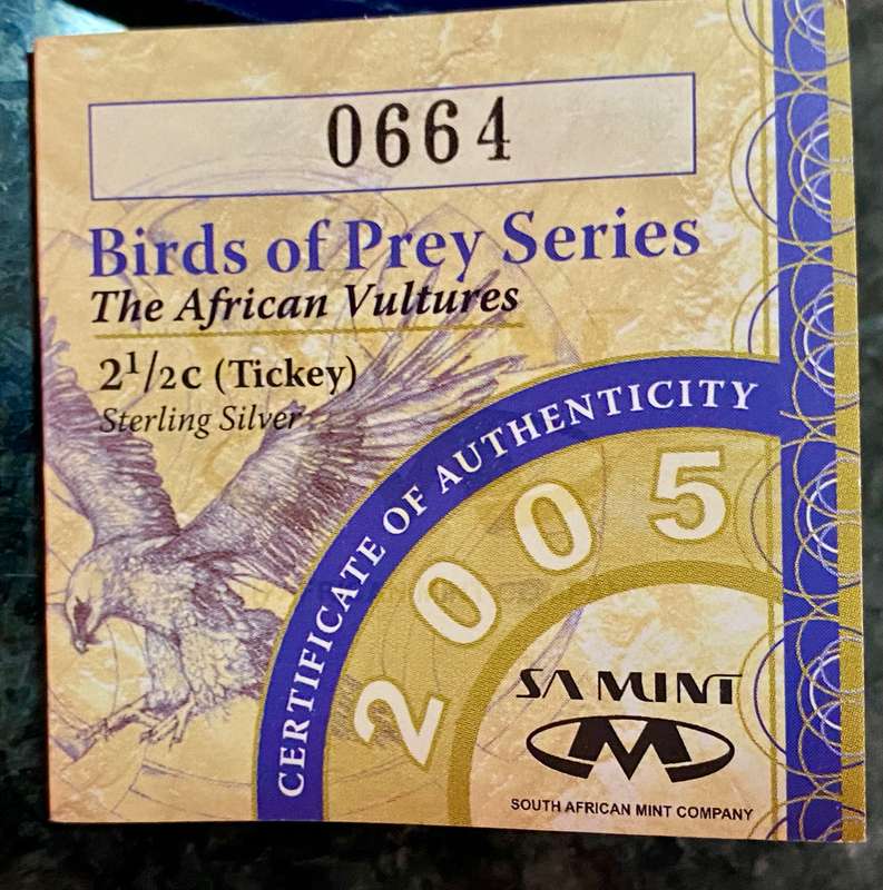 S A MINT SILVER PROOF 2 1/2 C TICKEY - AFRICAN VULTURE - BIRDS OF PRAY 2005 - IN SA MINT POUCH
