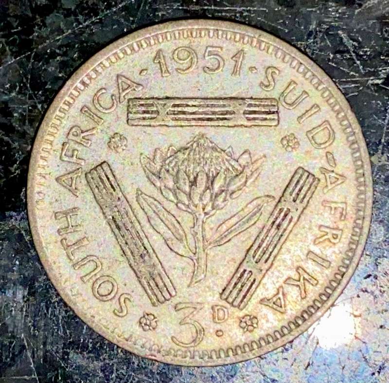 S A UNION SILVER 3D THREEPENCE TICKEY --1951--