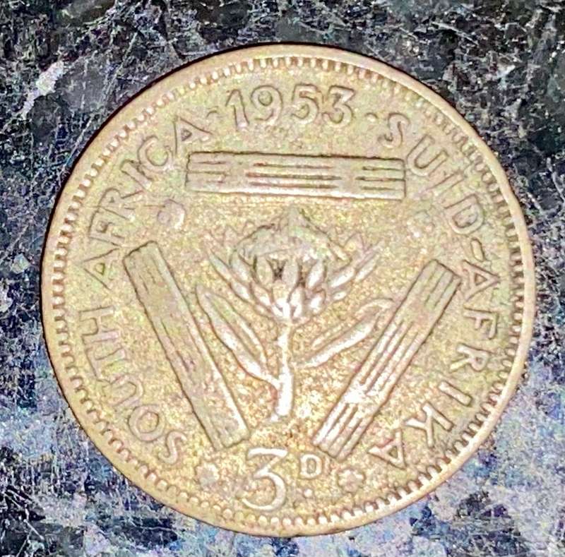 S A UNION SILVER 3D THREEPENCE TICKEY --1953--