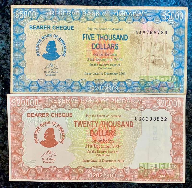 ZIMBABWE SET 20,000 DOLLARS & 5,000 DOLLARS -- 2004 (1 BID TAKES ALL)