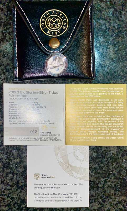 SOUTH AFRICA SILVER 2 1/2 CENT POLYMER PUTTY TICKEY 2019 -400 MINTAGE- DURBAN MINT MARK STILL SEALED