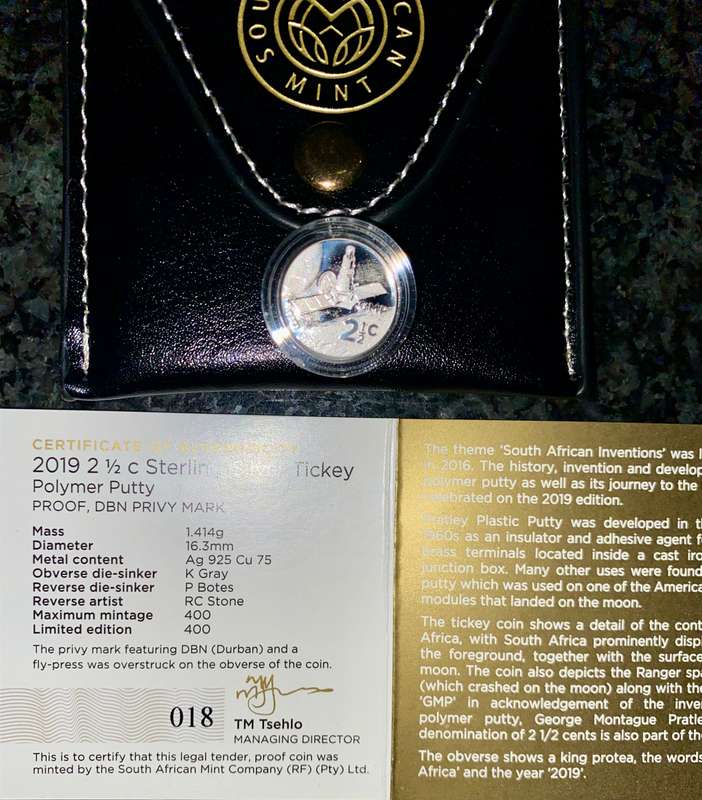 SOUTH AFRICA SILVER 2 1/2 CENT POLYMER PUTTY TICKEY 2019 -400 MINTAGE- DURBAN MINT MARK STILL SEALED