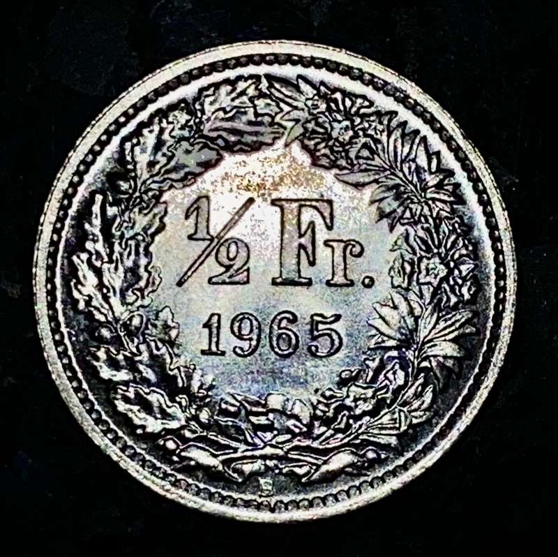 SWITZERLAND SILVER HELVETIA 1/2 FRANC 1965 SILVER,835