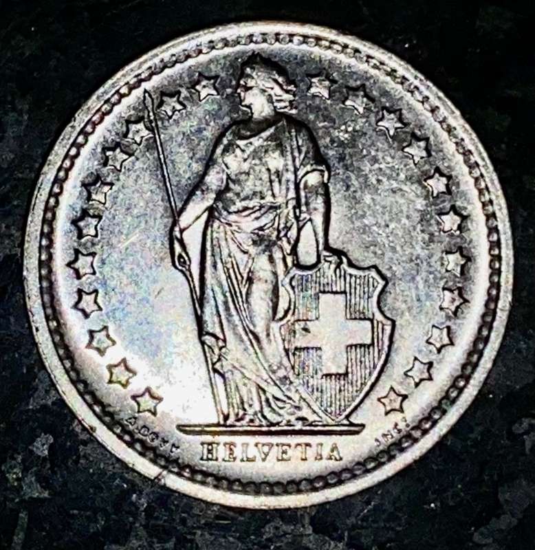 SWITZERLAND SILVER HELVETIA 1/2 FRANC 1965 SILVER,835