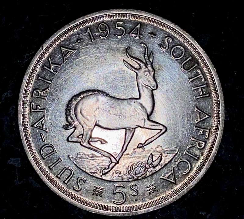 S A UNION SILVER 5 SHILLINGS 1954 -- LOW MINTAGE ONLY 17040 -- GOOD CONDITION SILVER CROWN