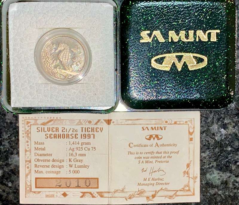 SOUTH AFRICA SILVER PROOF 2 1/2 CENT SEAHORSE TICKEY 1997 IN SA MINT BOX
