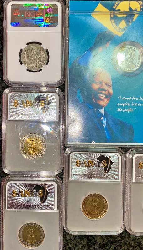 COMPLETE SET COMMEMORATIVE R5 COINS 1994 TO 2021--7 GRADED COIN MS66 -MS62 + PROOF LIKE 2000 MANDELA