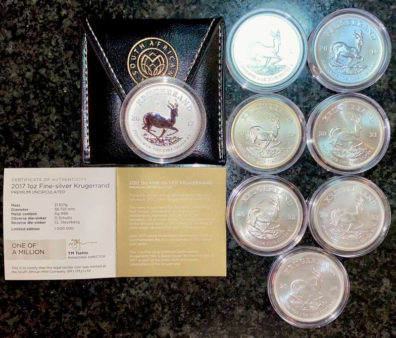 South Africa 1oz Silver Krugerrand Collection - Premium UNC 2017(in pouch) to 2024 -