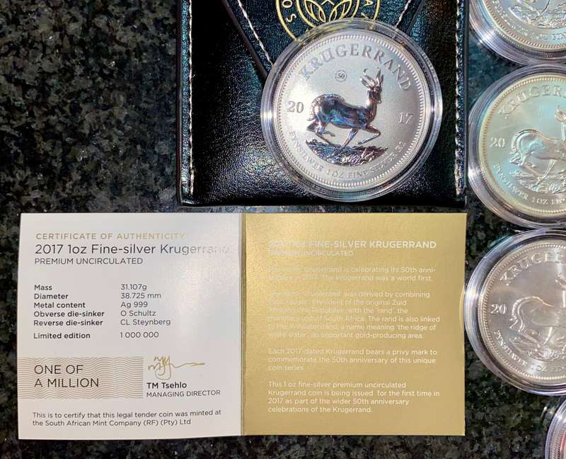 South Africa 1oz Silver Krugerrand Collection - Premium UNC 2017(in pouch) to 2024 -