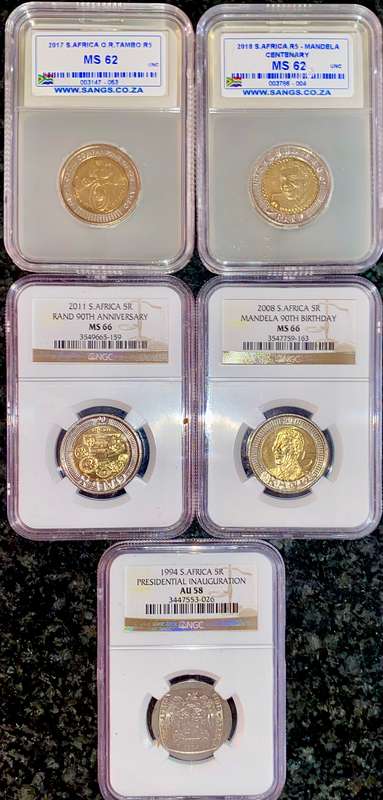 SOUTH AFRICA GRADED SET COMMEMORATIVE R5 - 1994 - 2008 -2011 - 2017 - 2018 (1 BID TAKES ALL)