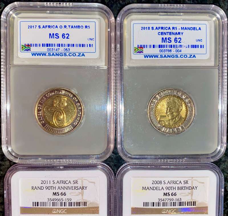 SOUTH AFRICA GRADED SET COMMEMORATIVE R5 - 1994 - 2008 -2011 - 2017 - 2018 (1 BID TAKES ALL)