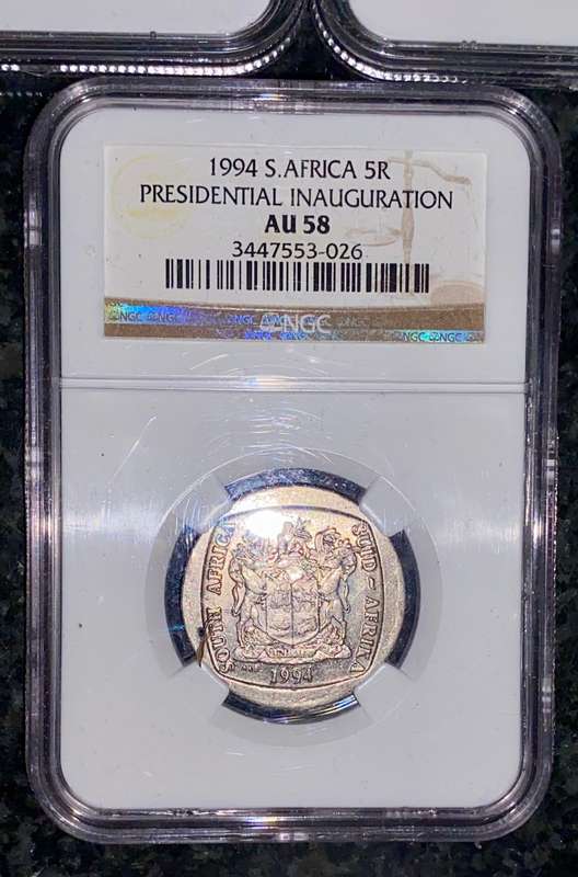 SOUTH AFRICA GRADED SET COMMEMORATIVE R5 - 1994 - 2008 -2011 - 2017 - 2018 (1 BID TAKES ALL)