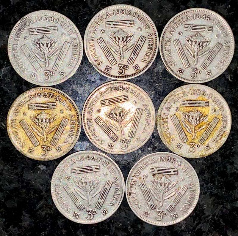 S A UNION SILVER SET 3D THREEPENCE 1932 - 1933 - 1934 - 1937 - 1938 - 1939 - 1944 & 1945 --